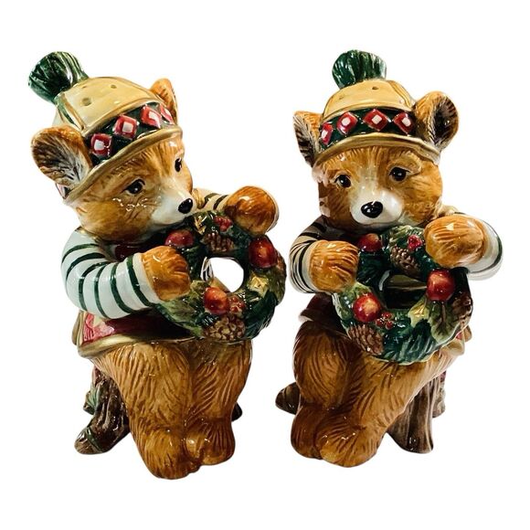 Fitz and Floyd “Christmas Lodge” Bears Salt Pepper Shakers 2001 - Picture 1 of 3
